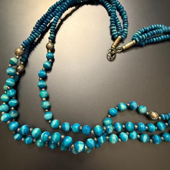 Tribal Triple Blue Beaded Strand Necklace - Picture 6 of 9